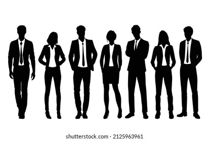 Silhouettes vectoriales de hombres y mujeres, un grupo de hombres de negocios de pie, color blanco y negro aislados en fondo blanco