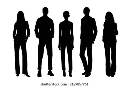 Vector silhouettes of  men and a women, a group of standing  business people, black color isolated on white background
