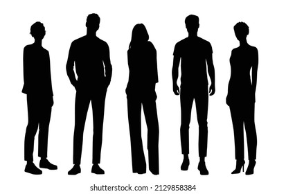 Vector silhouettes of  men and a women, a group of standing  business people, black color isolated on white background