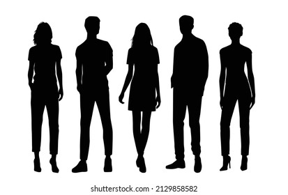 Vector silhouettes of  men and a women, a group of standing  business people, black color isolated on white background