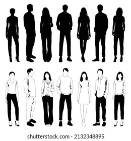 Vector silhouettes of  men and a women, a group of standing  business people,  linear sketch, black and white color isolated on white background