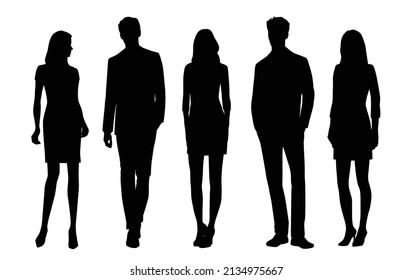 Vector silhouettes of  men and a women, a group of standing  business people, black color isolated on white background