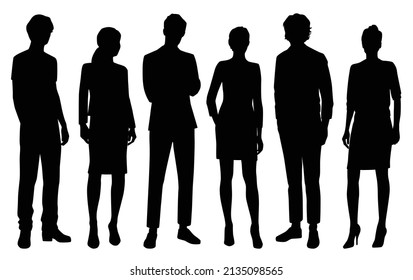 Vector silhouettes of  men and a women, a group of standing  business people, black color isolated on white background