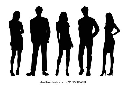 Vector silhouettes of  men and a women, a group of standing  business people, black color isolated on white background - Shutterstock ID 2136085981