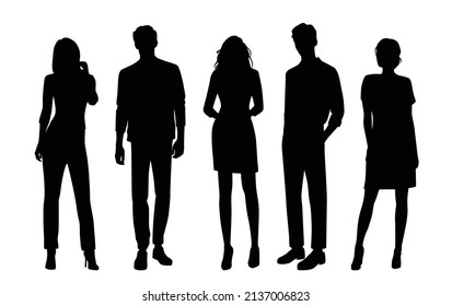 Vector silhouettes of  men and a women, a group of standing  business people, black color isolated on white background