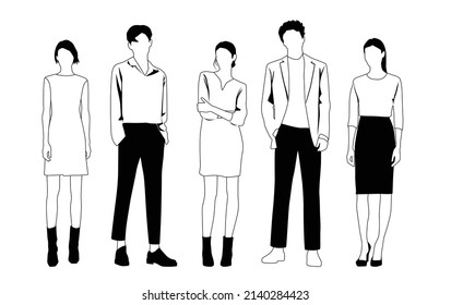 Silhouettes vectoriales de hombres y mujeres, un grupo de hombres de negocios de pie, sketch lineales, color negro y blanco aislado en fondo blanco