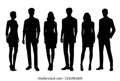 Vector silhouettes of  men and a women, a group of standing  business people, black color isolated on white background