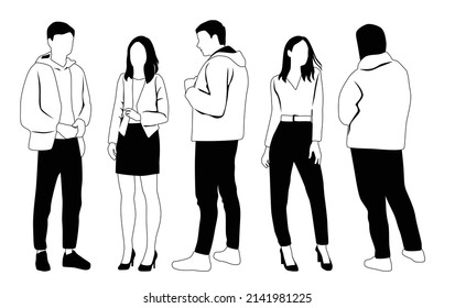 Silhouettes vectoriales de hombres y mujeres, un grupo de hombres de negocios de pie, sketch lineales, color negro y blanco aislado en fondo blanco