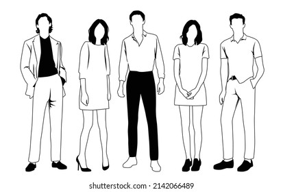 Vector silhouettes of  men and a women, a group of standing  business people,  linear sketch, black and white color isolated on white background