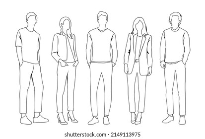 Silhouettes vectoriales de hombres y mujeres, un grupo de hombres de negocios de pie, sketch lineales, color negro, gris y blanco aislados en fondo blanco