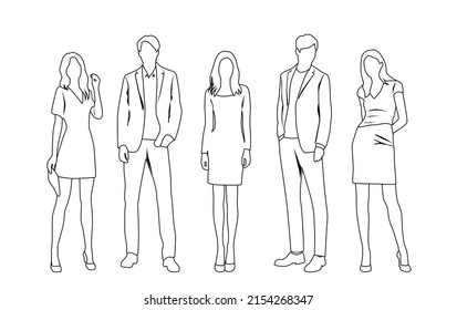 Vector silhouettes of  men and a women, a group of standing  business people,  linear sketch, black, gray and white color isolated on white background