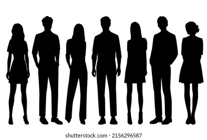 Vector silhouettes of  men and a women, a group of standing   business people, students, black  color isolated on white background