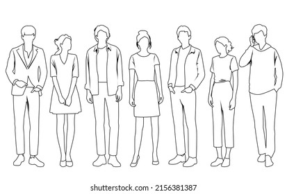 Vector silhouettes of  men and a women, a group of standing  business people,  linear sketch, black and white color isolated on white background