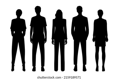 Vector silhouettes of  men and a women, a group of standing   business people, profile, black  color isolated on white background