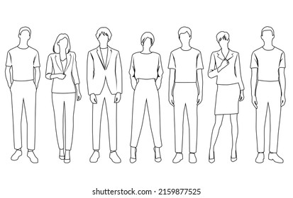 Vector silhouettes of  men and a women, a group of standing  business people,  linear sketch, black and white color isolated on white background