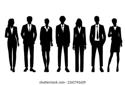 Vector silhouettes of  men and a women, a group of standing   business people, profile, black  color isolated on white background