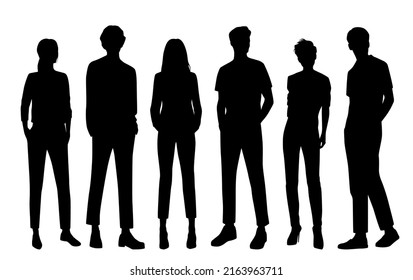 Vector silhouettes of  men and a women, a group of standing   business people, profile, black  color isolated on white background