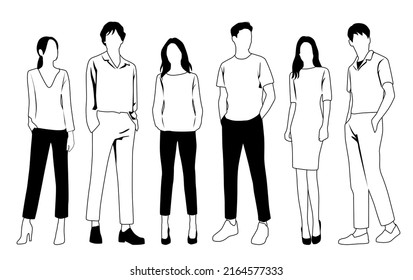 Silhouettes vectoriales de hombres y mujeres, un grupo de hombres de negocios de pie, sketch lineales, color negro y blanco aislado en fondo blanco