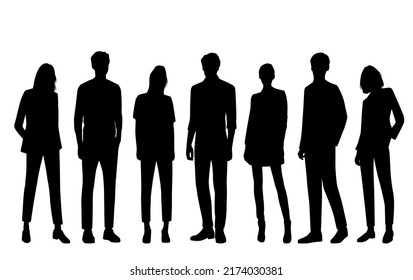 Vector silhouettes of  men and a women, a group of standing   business people, profile, black  color isolated on white background