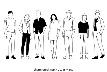 Silhouettes vectoriales de hombres y mujeres, un grupo de hombres de negocios de pie, sketch lineales, color negro y blanco aislado en fondo blanco