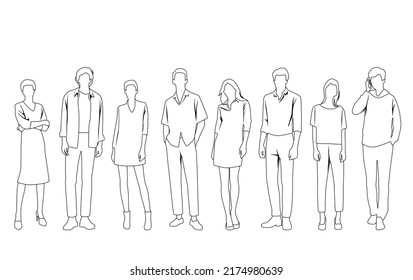 Vector silhouettes of  men and a women, a group of standing  business people,  linear sketch, black and white color isolated on white background