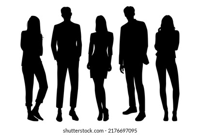 Vector silhouettes of  men and a women, a group of standing   business people, profile, black  color isolated on white background - Shutterstock ID 2176697095