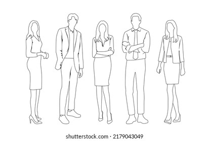 Vector silhouettes of  men and a women, a group of standing  business people,  linear sketch, black and white color isolated on white background