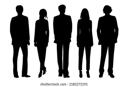 Vector silhouettes of  men and a women, a group of standing   business people, profile, black  color isolated on white background