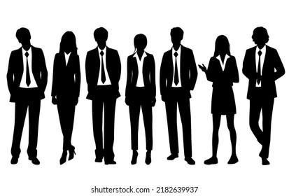 Vector silhouettes of  men and a women, a group of standing   business people, profile, black  color isolated on white background