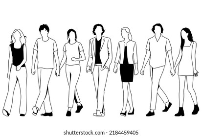Vector silhouettes of  men and a women, a group of walking  business people,  linear sketch, black and white color isolated on white background