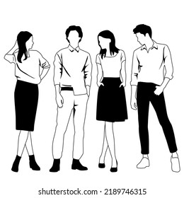 Vector silhouettes of  men and a women, a group of walking  business people,  linear sketch, black and white color isolated on white background