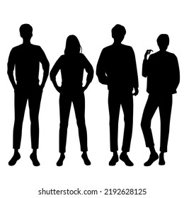 Vector silhouettes of  men and a women, a group of standing   business people, black  color isolated on white background