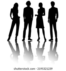 Vector silhouettes of  men and a women, a group of standing   business people, with shadow, black color isolated on white background