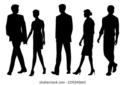 Vector silhouettes of  men and a women, a group of walking   business people, black  color isolated on white background