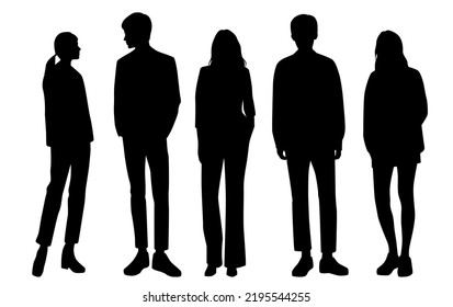 Vector silhouettes of  men and a women, a group of standing   business people, black  color isolated on white background