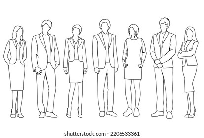 Vector silhouettes of  men and a women, a group of standing  business people,  linear sketch, black and white color isolated on white background