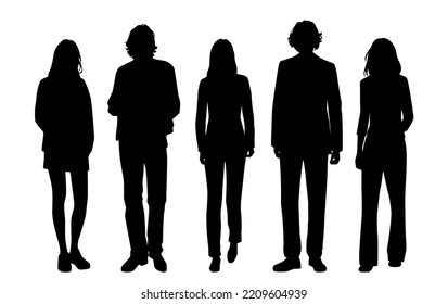 Vector silhouettes of  men and a women, a group of standing   business people, profile, black  color isolated on white background