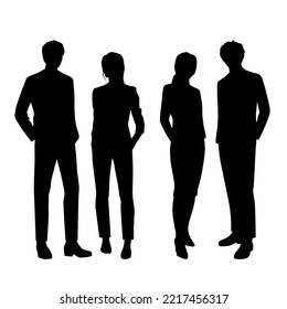 Vector silhouettes of  men and a women, a group of standing   business people, profile, black  color isolated on white background