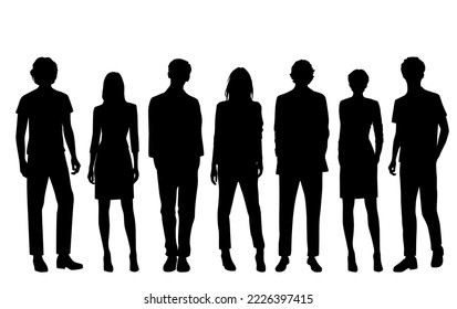 Vector silhouettes of  men and a women, a group of standing   business people, profile, black  color isolated on white background