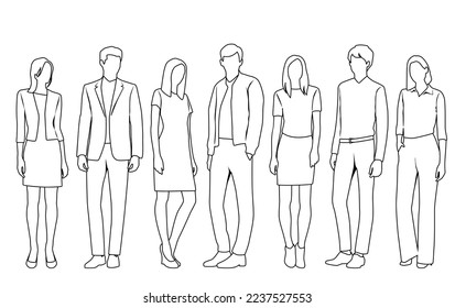 Vector silhouettes of  men and a women, a group of standing  business people,  linear sketch, black and white color isolated on white background