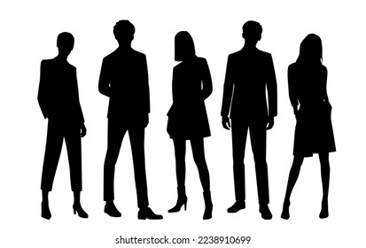 Vector silhouettes of  men and a women, a group of standing   business people, profile, black  color isolated on white background