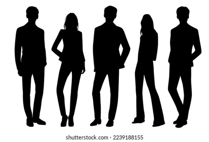 Vector silhouettes of  men and a women, a group of standing   business people, profile, black  color isolated on white background