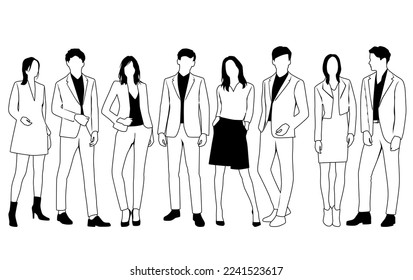 Vector silhouettes of  men and a women, a group of standing  business people,  linear sketch, black and white color isolated on white background