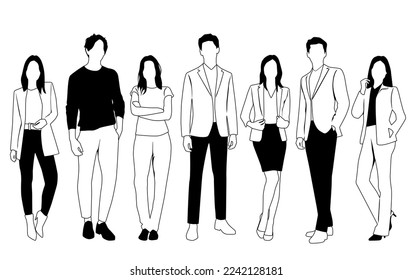 Silhouettes vectoriales de hombres y mujeres, un grupo de hombres de negocios de pie, sketch lineales, color negro y blanco aislado en fondo blanco