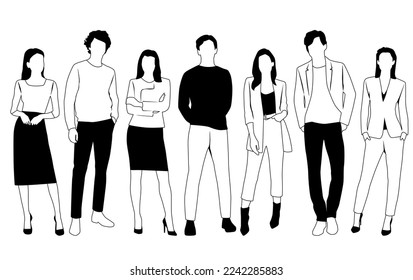 Vector silhouettes of  men and a women, a group of standing  business people,  linear sketch, black and white color isolated on white background