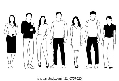 Vector silhouettes of  men and a women, a group of standing  business people,  linear sketch, black and white color isolated on white background