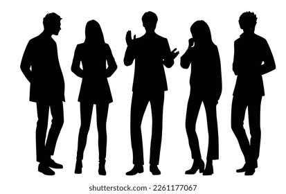 Vector silhouettes of  men and a women, a group of standing  business people, black color isolated on white background