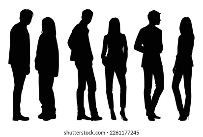 Vector silhouettes of  men and a women, a group of standing  business people, couple, profile, black color isolated on white background