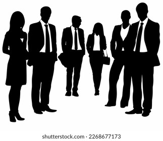 
Silhouettes vectoriales de hombres y mujeres, grupo de empresarios de pie, color negro aislado en fondo blanco, logotipo, icono