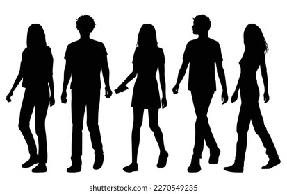 Vector silhouettes of  men and a women, a group of walking  business people, profile, black color isolated on white background
